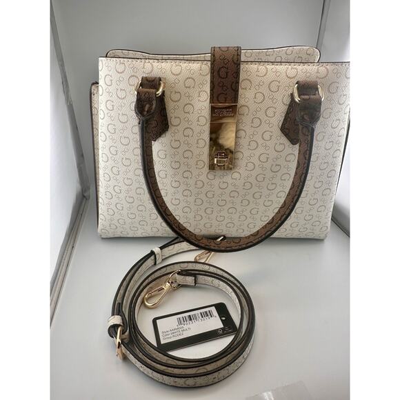 New W Tags: Guess White and Brown Multi Rodez Satchel Bag - Picture 1 of 10